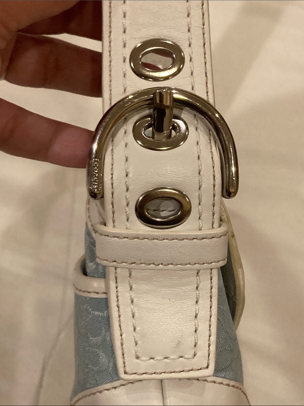Coach Light Blue and White Signature Shoulder Bag with Silver Buckle - Picture 5 of 8